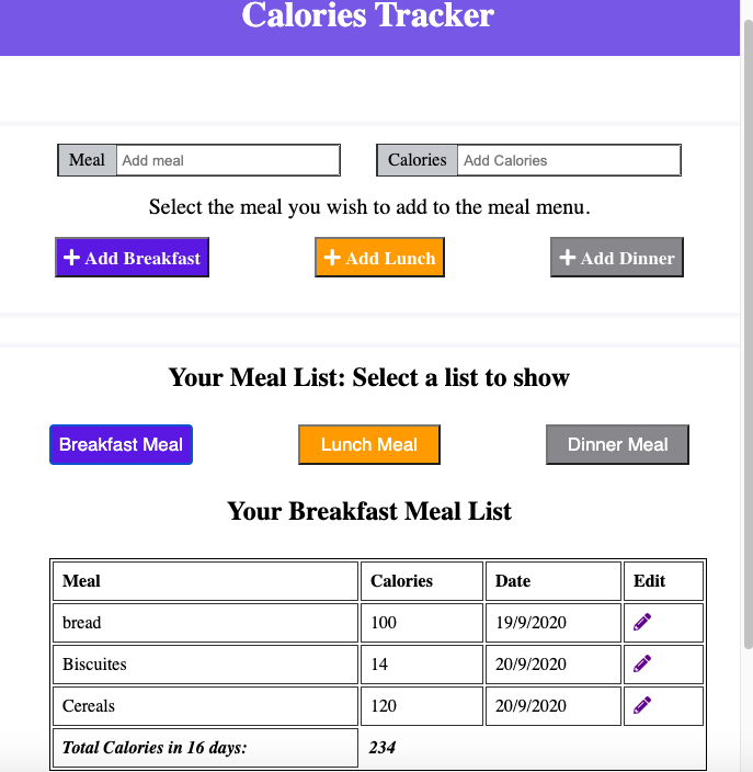 Calories Tracker